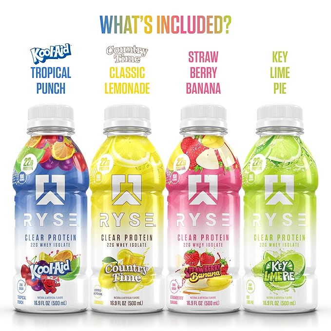 RYSE Clear Protein Shake - Variety Pack - 100 Calories, 22g Whey Isolate Protein, Sugar-Free, 0g Fat & Lactose-Free - Refreshing Ready-to-Drink Beverage - 16.9 fl oz Bottles (12-Pack)