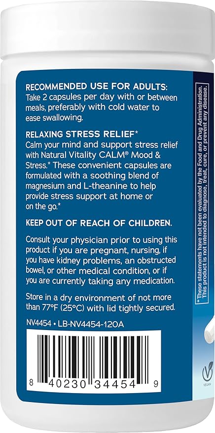 Natural Vitality Calm® Mood & Stress Relief Capsules, Magnesium Glycinate Supplement, 120 Caps