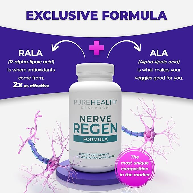 PUREHEALTH RESEARCH Nerve Regen Formula - Nerve Renew for Numbness, Tingling and Burning with R Alpha Lipoic Acid, Benfotiamine 300mg & Passion Flower Extract - Ala Nerve Support Supplement, 6 Bottles