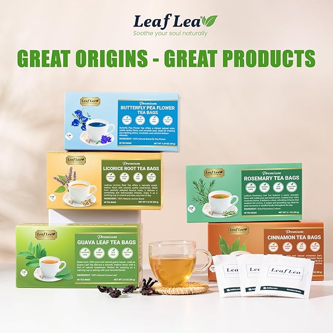 LeafLea 80 Rosemary Leaf Tea Bags, 100% Pure Rosemary Herbal Tea, Gentle Digestive Comfort & Relaxing, Te De Romero Featuring Subtle, Natural Flavor, Caffeine-Free, Sugar-Free, Non-GMO, Vegan