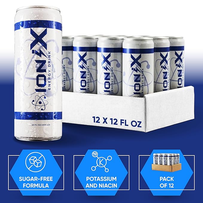 IoniX Nootropic Energy Drink- Zero Sugar- 12fl oz, pack of 12- 150mg Natural Caffeine from Green Tea- Mental Clarity, Focus, Vitamin B Complex, Vitamin C, Organic Agave Inulin (Prebiotic), Natural energy boost