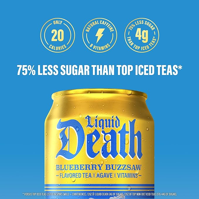 Liquid Death, Blueberry Buzzsaw Iced Tea, 12-Pack (12 oz Cans), Blueberry Flavored Black Tea, Low Calorie, No Artificial Sweeteners, B12 & B6 Vitamins