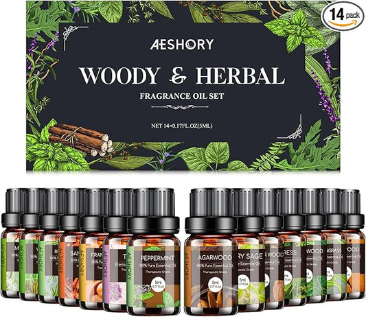 Woody & Herbal Essential Oils Set - TOP 14 Fragrance Oil for Diffusers, Aromatherapy, Candle Making - Sandalwood, Cedarwood, Teakwood, Vetiver Aromatherapy Scented Oils (5ml)