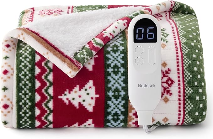 Bedsure Christmas Heated Blanket Throw - Soft Flannel Sherpa Electric Blanket with Fair Isle, with 6 Heating Levels, 4 Time Settings and 3-Hour Auto-Off, Heated Throw as a Gift (50x60 inches)