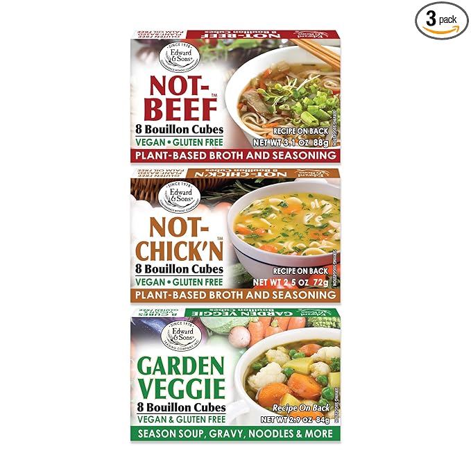 Edward & Sons Vegan Chicken Beef Vegetable Bouillon Cubes - Vegan Broth, Gluten Free Stock, No Trans Fat, Use in Soups, Stews and Pilafs (8 Cubes of Each)
