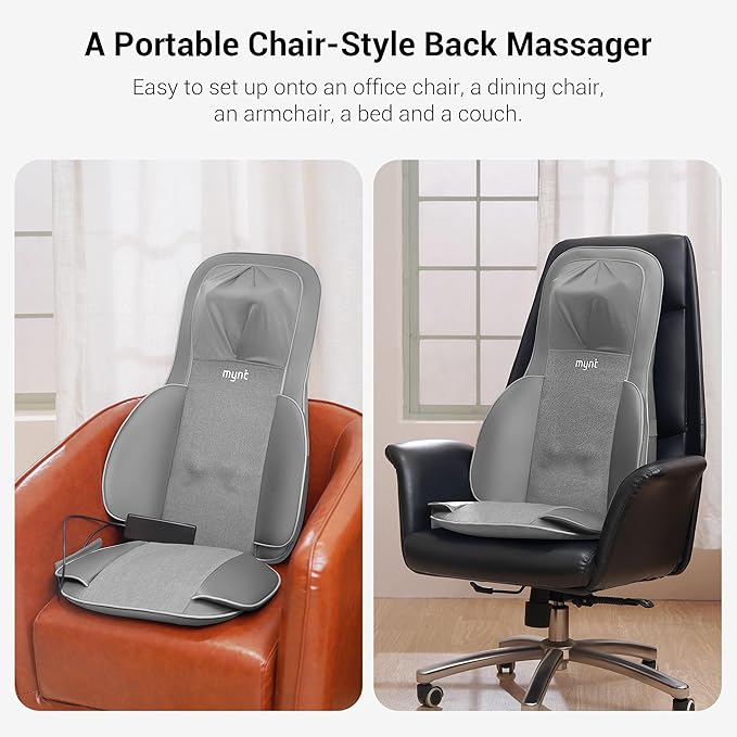 Mynt 2D & 3D Shiatsu Neck and Back Massager for Chair with 10 Deep Kneading Nodes, Adjustable Back Massage with Heat, Portable Massage Chair Pad (Gray)