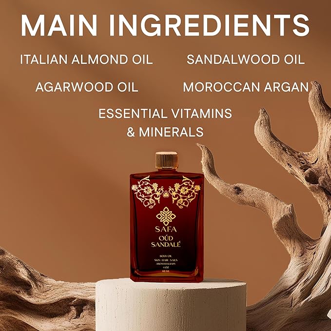 SAFA Oud Sandalé Oil – Organic Oud & Sandalwood Essential Oil for Hair, Body, Face & Nails – Arabian Perfume Oil for Women & Men - Strong & Long Lasting Fragrance 4 Fl Oz