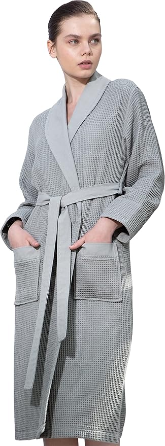 SEYANTE Women’s Luxury Waffle Shawl Collar, Hooded Robe w Piping – Lightweight, Long, Ultra Soft Spa Sleepwear Bathrobe