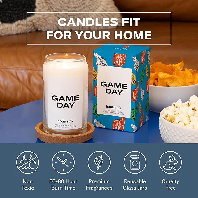 Homesick Scented Candles for Home (Game Day) - 13.75 oz Long-Lasting Soy Wax Blend Jar Candle Gifts for Women & Men, 60-80 Hours Burn Time - Notes of White Amber, Tonka Bean & Smoked Birch