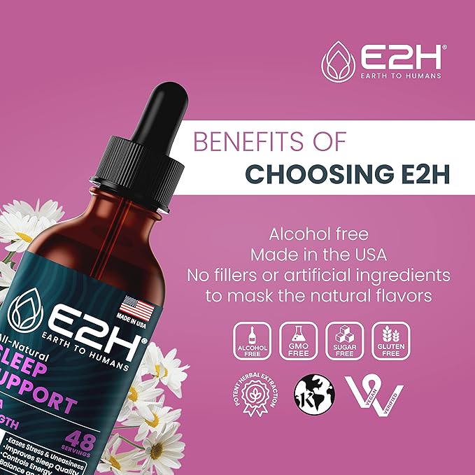 E2H Natural Sleep Aid - Liquid Melatonin with Chamomile, Theanine - Sleep Better, Deeper, Longer - Vegan, GMO-Free - Provides Stress Relief (3 Bottles)