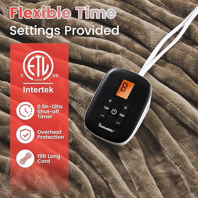 Sunable Heated Electric Blanket - Machine Washable Blanket with Time Settings 10 Heat Settings Full Size 77×84 inches Taupe - Velvet