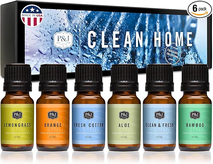 P&J Fragrance Oil Clean Home Set | Lemongrass, Fresh Cotton, Clean & Fresh, Aloe, Bamboo, Orange Candle Scents for Candle Making, Freshie Scent, Soap Making Supplies, Diffuser Oil Scents