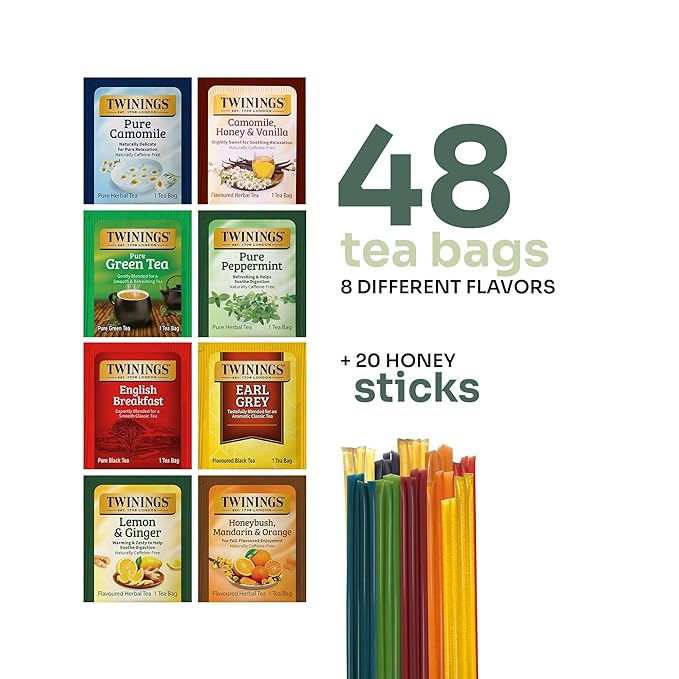Twinings 48 Tea Bags Herbal Variety Pack, Bundle with 20 Flavored Honey Sticks – 8 Flavors Caffeine-Free Individually Wrapped Teas for Gift Baskets, Office, or Lobby Refreshments