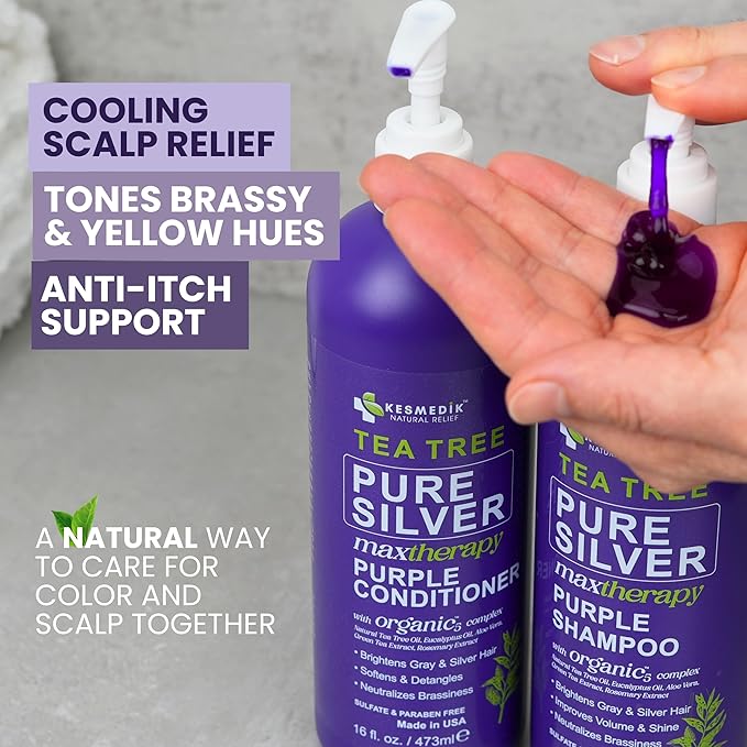 Professional Purple Shampoo & Conditioner Set with Tea Tree Oil for Silver & Grey Hair, Anti-Brass Toner, Neutralizes Yellow Tones, Revitalizes Color & Relieves Itchy Scalp, 16 fl oz Each