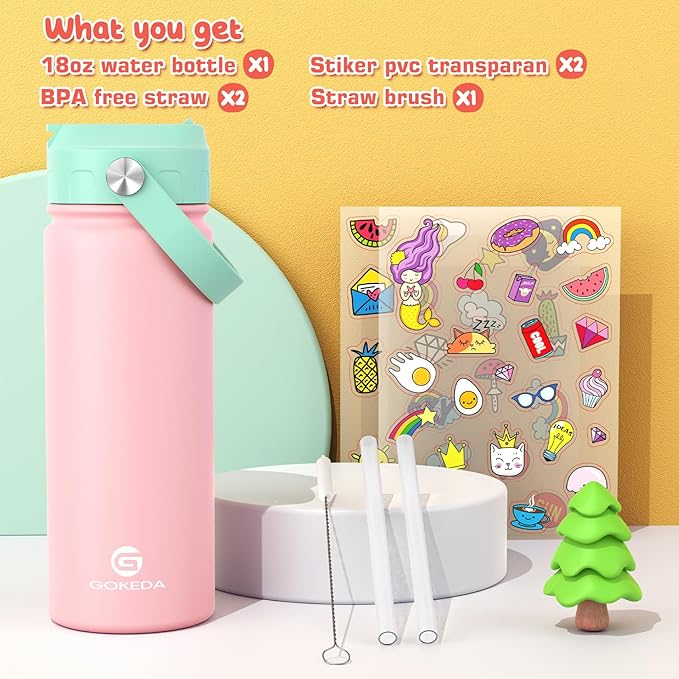GoKEDA 18oz Kids Water Bottle, Insulated Water Bottles with Stickers, 18/8 Stainless Steel Vacuum Leak Proof Straw Cup for School, Gifts for Girls(Pink)