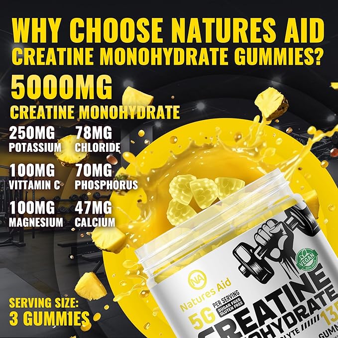 Natures Aid Creatine Monohydrate Gummies (5g) – Pre-Workout Energy & Muscle Growth Support for Men & Women | Orange Electrolyte Gummies (135 Count)