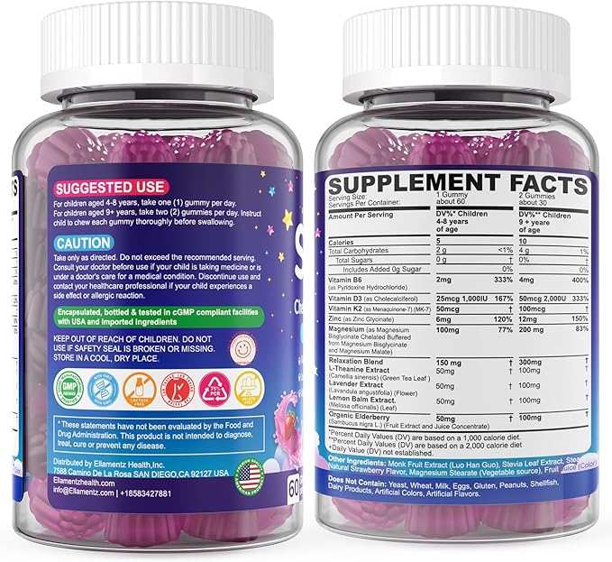 Kids Sleep Gummies, NO Melatonin Sleep Aid Gummies w/Magnesium Glycinate, Magnesium Malate, L-Theanine, Lavender, B6, Zinc, D3K2 for Restful Sleep, Relax Brain & Muscle, Immune Support, Non-GMO 1Pack