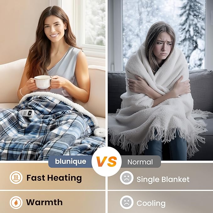 Heated Blanket Electric Throw-50''x60''Ultra Soft Cozy Plaid Flannel Fast Heating Electric Blanket with 10 Heat Levels & 10 Hours Auto Off, ETL Certified, Keep Warm in Couch Bed Office(Blue)