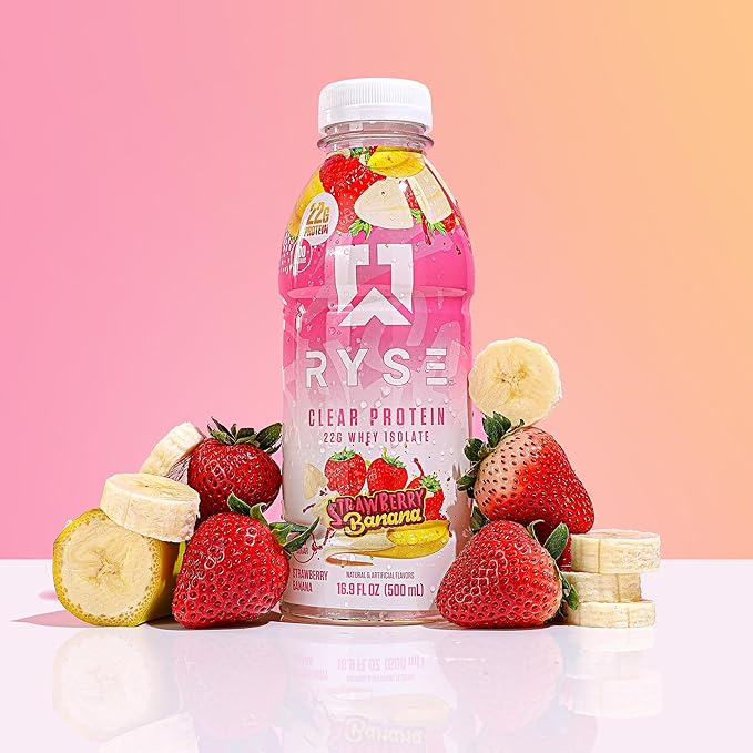 RYSE Clear Protein Shake - Strawberry Banana - 100 Calories, 22g Whey Isolate Protein, Sugar-Free, 0g Fat & Lactose-Free - Refreshing Ready-to-Drink Beverage - 16.9 fl oz Bottles (12-Pack)