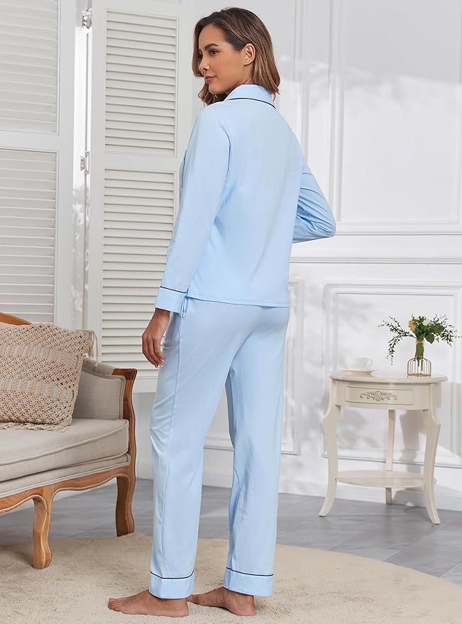 Veseacky 100% Cotton Pajamas for Women Set Long Sleeve Button Down Sleepwear Soft Pjs Lounge Sets with Pockets S-XXL