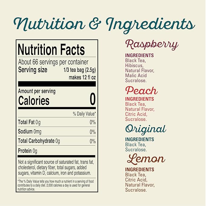 Southern Breeze Hot Brew Sweet Tea Variety Pack Iced Tea with Black Tea and Zero Carbs Zero Sugar, 22 Individually Wrapped Family Size Tea Bags, Pack of 4 Original, Peach, Raspberry and Lemon