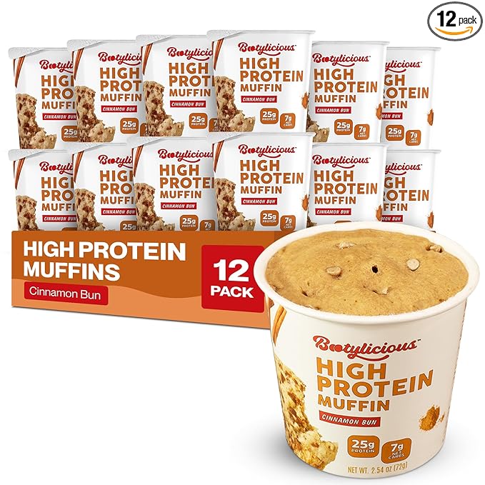 Bootylicious | High-Protein Muffin | 25g Protein, 7g Net Carbs, 2.32-2.75oz Cup, 12-Pack (Cinnamon Bun)