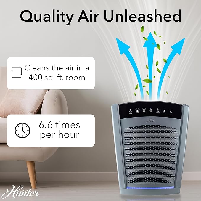Hunter HP800 Air Purifiers for Home Large Room and Bedroom. True HEPA Air Purifier for Pets, Odors, Allergens, Smoke, Dust, VOC's. 4 Fan Speeds, Quiet Sleep Mode. Cleans 2585 Ft² per Hour. Black