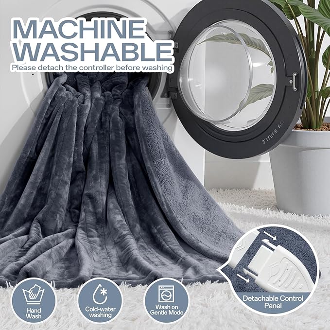 Electric Blanket Heated Twin Size-62" x 84" Heated Blanket with 8 Heat Levels & 10 Hours Auto Off, Fast Heating Flannel Blankets Machine Washable with ETL & FCC Certified, Light Grey