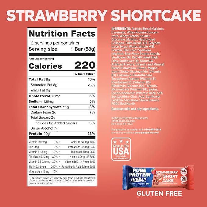 Pure Protein AMMMAZE Strawberry Shortcake Protein Bars (12 ct) 20g High Protein, No Added Sugar - Strawberry Meal Replacement Bar - On the Go Snacks
