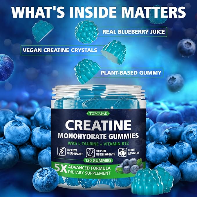 Creatine Monohydrate Gummies for Men & Women - Blueberry Flavor, Raspberry-Shaped - Chewable Creatine Gummy with Taurine & Vitamin B12, 5g Creatine per Serving, 120 Gummies
