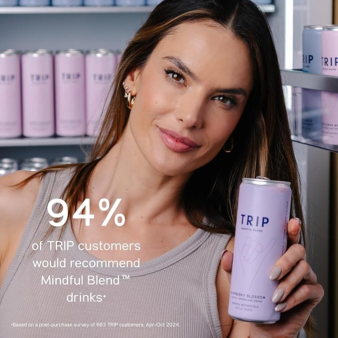 Trip Mindful Blend, Lightly Sparkling Adaptogen Seltzer w/ 120mg Magnesium Citrate with Ashwagandha, Lions Mane & L Theanine, No Added Sugar, Vegan, Raspberry Orange Blossom, 12 Oz, 12Pk