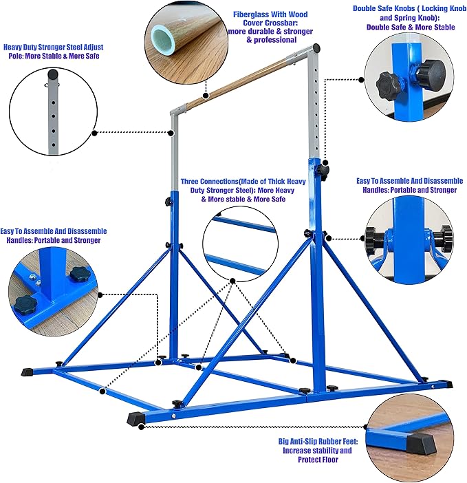 Gymnastic Bar for Kid and Teenage Ages 3-25, 5 FT / 6 FT Base Length, 5 FT / 6 FT Height, Gymnastic Kip Bar Horizontal Bar for Gymnast, Gymnastic Training Equipment for Home and Club Use