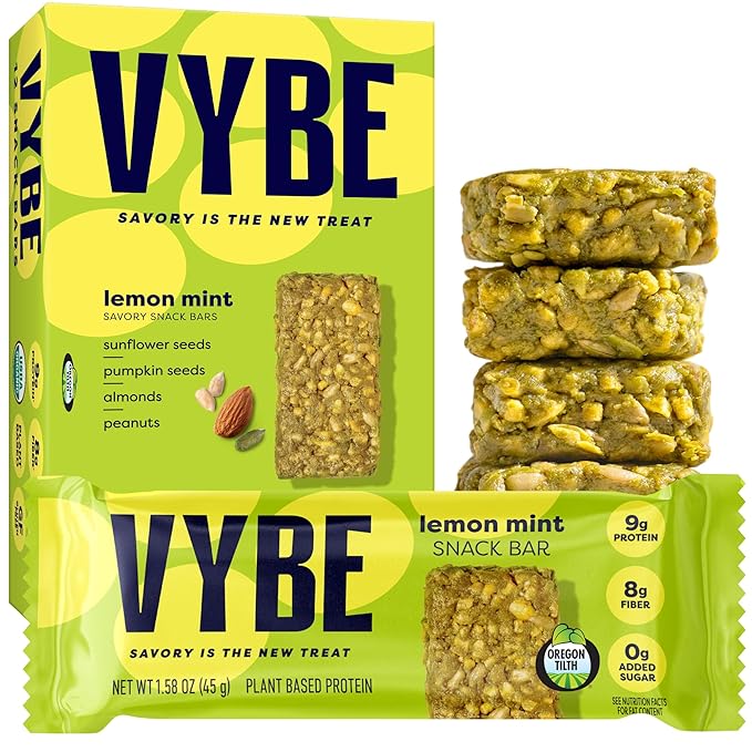 Vybe Snacks Savory Snack Bars – Lemon Mint Flavor | Crunchy & Delicious | Zero-Added Sugar, Gluten-Free, Plant-Based Goodness, Keto-Friendly, No Artificial Ingredients (Box of 12, 45g each)