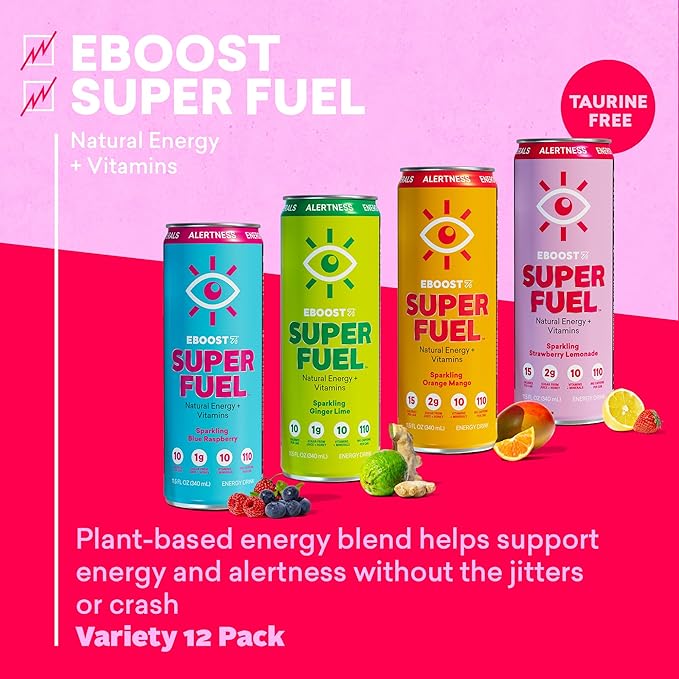 EBOOST Super Fuel Healthy Energy Drink - Caffeine from Natural & Clean Ingredients For Focus and Productivity -Taurine Free Pre-Workout With Electrolytes, Nootropic & Vitamins - Variety Pack, 12 Pack
