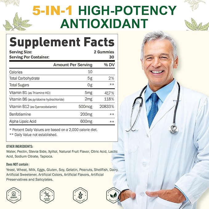 Pure R-Alpha Lipoic Acid 600mg with Benfotiamine for Nerve Support, Antioxidant Support, ALA Supplement Alpha Lipoic Acid Gummies - Vegan, Sugar-Free, 60 Counts