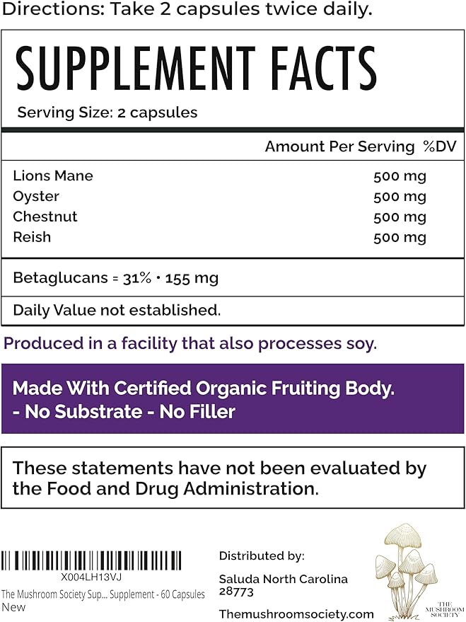 Super Stacker - 4-in-1 Mushroom Supplement Wellness Blend - Lion’s Mane, Oyster, Chestnut & Reishi - Immune, Focus & Daily Vitality - 60 Vegan Capsules
