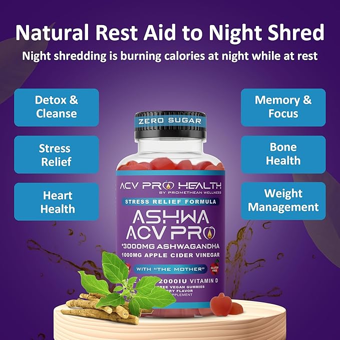 Ashwa ACV Pro Health - Sugar Free Apple Cider Vinegar Gummies with Ashwagandha, Advanced Keto, Stress Relief Supplements with Vitamin D, 1g Carbs Per Gummy Golo