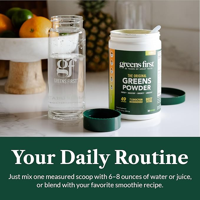 Greens First Original Greens Powder - 49 Superfoods - Organic Fruits & Veggies - Prebiotics, Probiotics & Digestive Enzymes - Antioxidant Smoothie - Dairy Free/Vegan/Non-GMO (Citrus, 30 Servings)