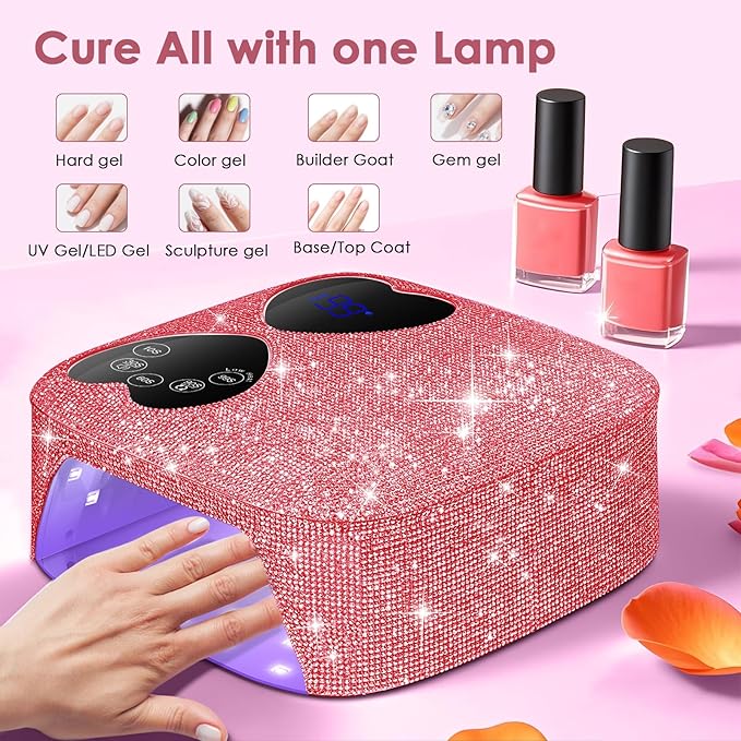 UV LED Nail Lamp Cordless, HUITINE 80W Rechargeable UV Light for Gel Nails with 5 Timers & Mirror Base, Professional Gel Light Dryer, Sparkling Rhinestones Curing Lamp for Salon & Home (Pink Diamond)
