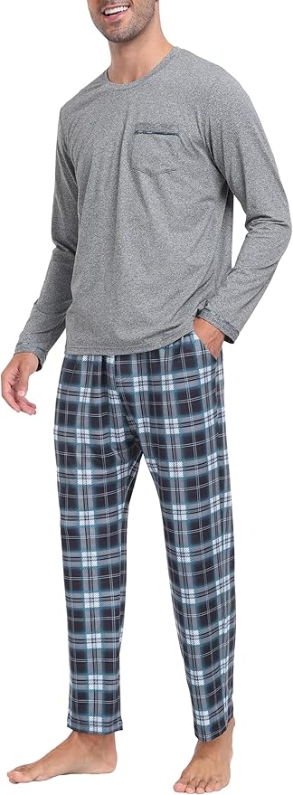 MoFiz Men's Pajamas Plaid Sets Sleepwear Sleep Long Sleeve Shirts and Pants Pajama Set Soft Mens Pjs Lounge Set with Pockets