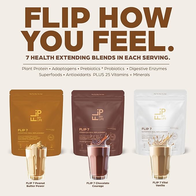 Flip My Life, Flip 7 Natural SuperFood, Plant-Based Protein, Complete Meal Replacement to Support Healthy Gut, 7 Mega Nutrient Rich Blends all in one to AGE BETTER - Vanilla