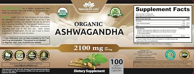 Organic Ashwagandha 2,100 mg - 100 Veggie Capsules Pure Organic Ashwagandha Powder and Root Extract - Stress Relief, Mood Enhancer