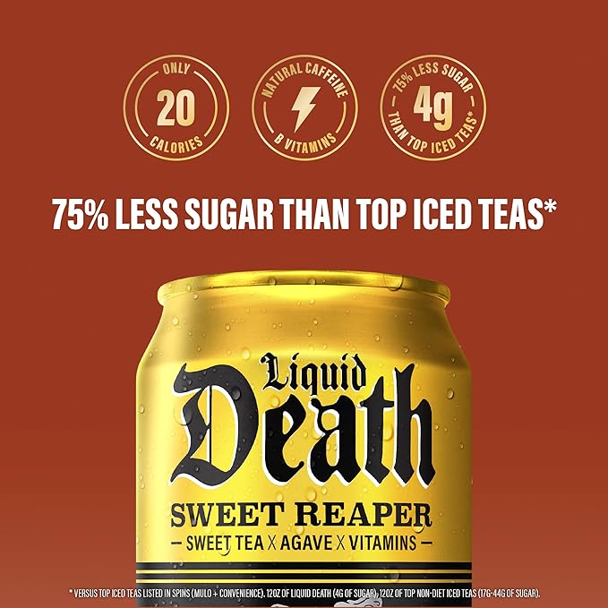 Liquid Death, Sweet Reaper Iced Tea, 12-Pack (12 oz Cans), Southern Style Sweet Tea, Low Calorie, No Artificial Sweeteners, B12 & B6 Vitamins