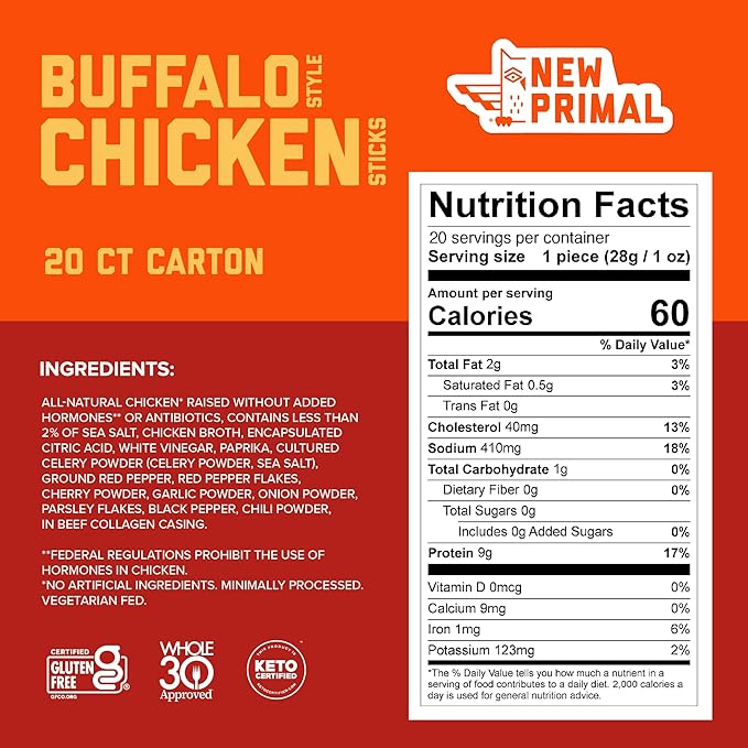 New Primal Buffalo Chicken Sticks, Keto, Gluten Free Healthy Snacks, Sugar Free Low Carb High Protein, Jerky Meat Stick, 9g Protein, 80 Pack