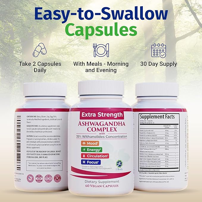 100% Natural Shoden Ashwagandha Complex Supplement - Ultra High Potency 35:1 Concentrated Root Extract for Sleep & Energy Support - Vegan, Non-GMO - 60 Ashwagandha Capsules