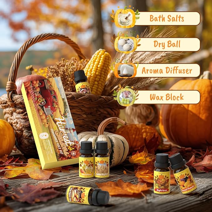 Harvest Fragrance Oils Set, Essential Oil for Diffuser, Fall Diffuser Oil, Use for Soap Candle Making-Crisp Apple cider, Pear&Honey, Golden Hayfield, Maple Grove, Harvest Pumpkin,Autumn Fig