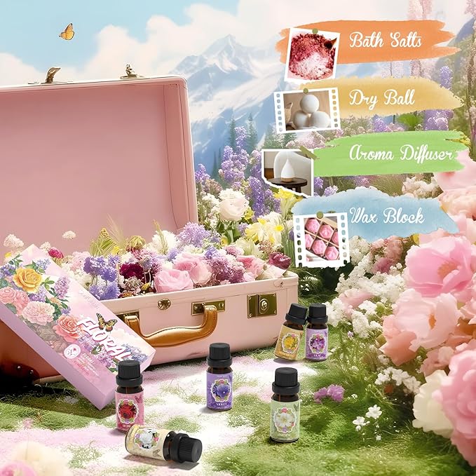 Floral Essential Oils Set, Fragrance Oil Gift Set for Diffuser, Natural Scent Diffuser Oil for Candle Making- Rose, Gardenia, Jasmine, Honeysuckle, Violet, Lilac
