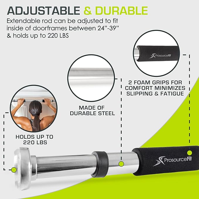 ProsourceFit Multi-Grip Lite Pull Up/Chin Up Bar, Heavy Duty Doorway Upper Body Workout Bar for Home Gyms 24”-32”