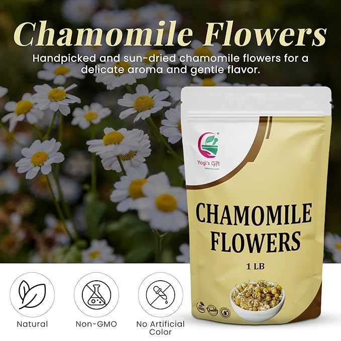 Chamomile Flowers 1 LB, 100% Natural Loose Leaf Chamomile Tea, Whole Dried Flowers for Herbal Tea, 1 LB Bulk Pack, Resealable Bag for Freshness - By Yogiโs Giftยฎ