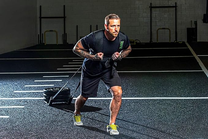 R2 Weight Training Pull Sled with Harness. 90 LBS Capacity & 6.5 Feet Strap. Power Speed Sled Ideal for Endurance and Weight Training. Compatible with Bumper Plates (Black)
